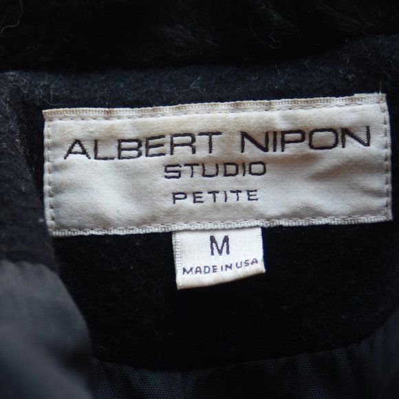 Vintage 80's Albert Nipon Black Coat, Faux Fur Trim, Wool Med Petite - Picture 5 of 6